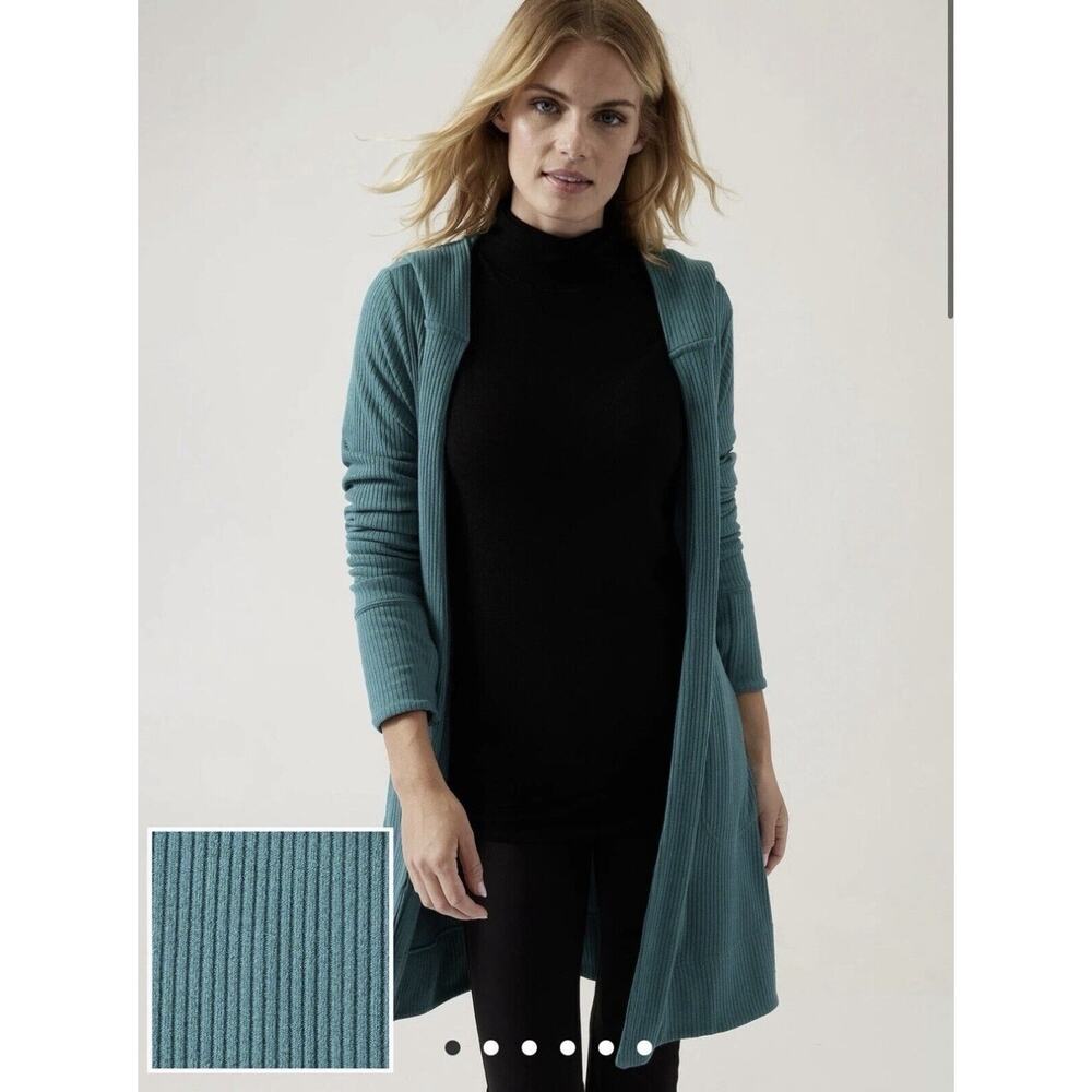 Athleta Harmony Pose Wrap M Teal Ribbed Hooded Cardigan Open Front Thumbholes